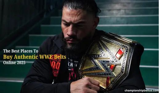 A collage showcasing top retailers for purchasing authentic WWE championship belts, highlighting quality and variety.